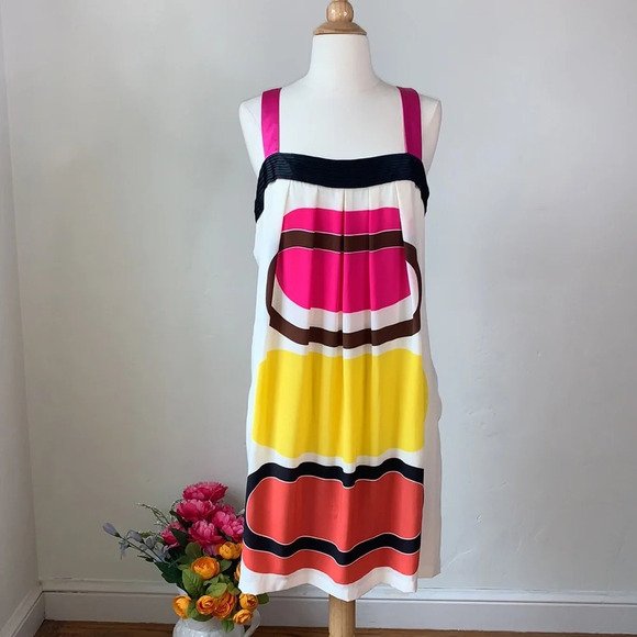 SUE WONG Retro 60s 70s Silk Dress Mod Hippie Cocktail Party, Size 12 - Picture 1 of 13